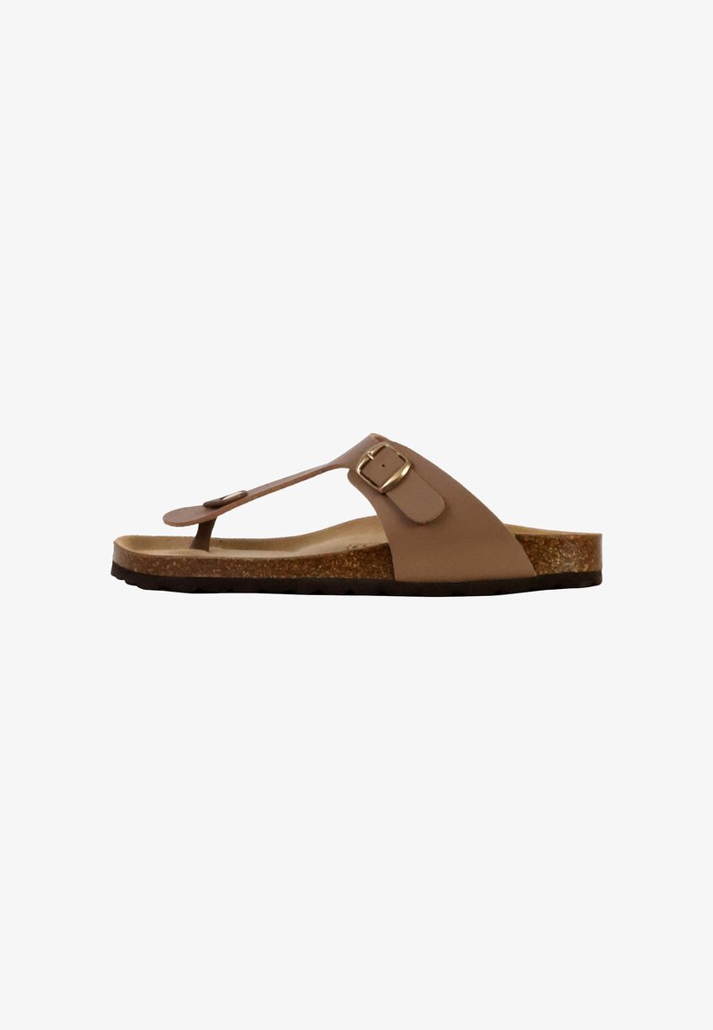 Brown cork sandals with a thong design, featuring a buckle accent, smooth leather straps, and a textured rubber sole.