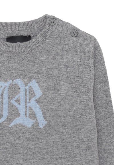 Maglione grigio con scollatura rotonda, caratterizzato da due bottoni decorativi sulla spalla e un design del logo azzurro chiaro sul davanti.