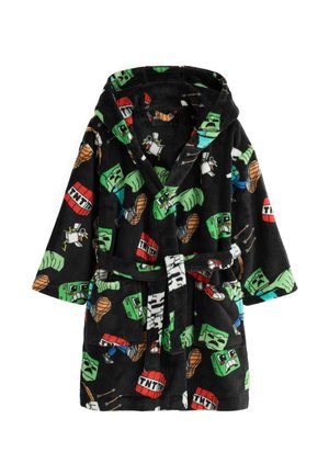 Peignoir noir à capuche avec des motifs de dessins animés colorés comprenant des visages verts, des blocs de TNT, des poulets et des flèches, et une ceinture à nouer à la taille.