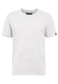 T-shirt grigia melange a maniche corte realizzata in tessuto morbido. Presenta un colletto rotondo e una patch logo discreta sulla manica. Design semplice e casual.