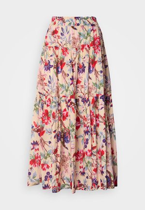 Blomstrete maxiskjørt med elastisk liv, med en beige bakgrunn og levende røde, lilla og grønne blomsterdesign; lagdelt utforming.