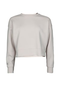 Ljust grå, kort sweatshirt med rund hals, sänkta axelsömmar och ribbade ärmslut. Slät textur med minimala sömnadsdetaljer.