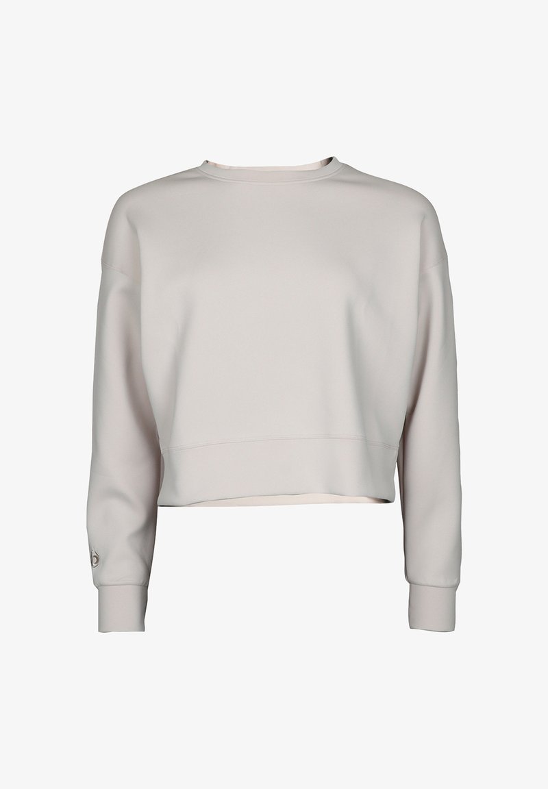 Ljust grå, kort sweatshirt med rund hals, sänkta axelsömmar och ribbade ärmslut. Slät textur med minimala sömnadsdetaljer.