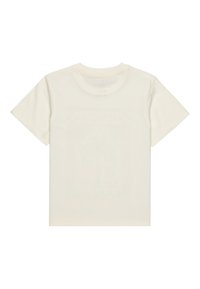 T-shirt à manches courtes de couleur crème avec un col rond et une texture douce. Présente un motif de logo discret au dos. Pas de design à l'avant.