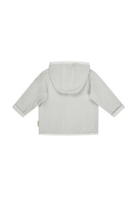 Grey jacket with a hood, features rolled-cuff sleeves and contrasting white trim. Smooth, lightweight fabric, simple design, no patterns.