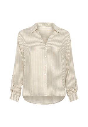 Beige striped blouse with a button-down front, collared neck, and roll-up sleeves. Soft fabric with a relaxed fit and rounded hem.