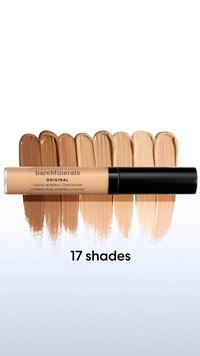 Correcteur minéral liquide de bareMinerals dans un tube cylindrique. Sept échantillons crémeux dans des nuances variées de beige sur un fond marron.