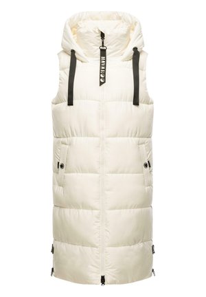 Bezrękawnik, długa biała pikowana kamizelka z kapturem, zamkiem błyskawicznym z przodu, czarnymi troczkami, bocznymi kieszeniami na guziki oraz bocznymi zamkami przy dole.