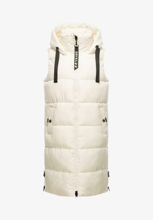 Hihaton pitkä pehmustettu valkoinen liivi hupulla, etutaskulla, mustilla kiristysnauhoilla, sivutaskuilla, joissa napit, ja sivuvetoketjuilla helmassa.