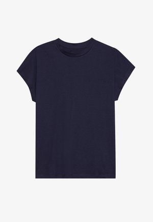 Tumesinine puuvillane T-särk ümmarguse kaelusega ja lühikeste varrukatega, millel on lõdva istuvus ja sile tekstuur. Ilma mustrite või aktsentideta.