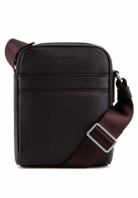 Borsa a tracolla in pelle marrone con superficie textured, design slim, tracolla regolabile e tasca con zip frontale. Accenti in metallo.