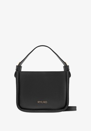 Sac en cuir noir à bandoulière avec une finition texturée, présentant un design minimaliste, une courte poignée et un logo doré à l'avant.