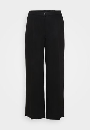 Zwarte wijde broek met een gladde textuur, voorzien van een knoopsluiting, gestikte tailleband en zonder zichtbare patronen of accenten.