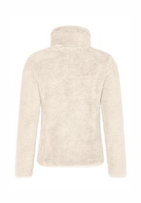 Veste polaire douce beige à manches longues et col haut, vue de dos sur fond blanc.