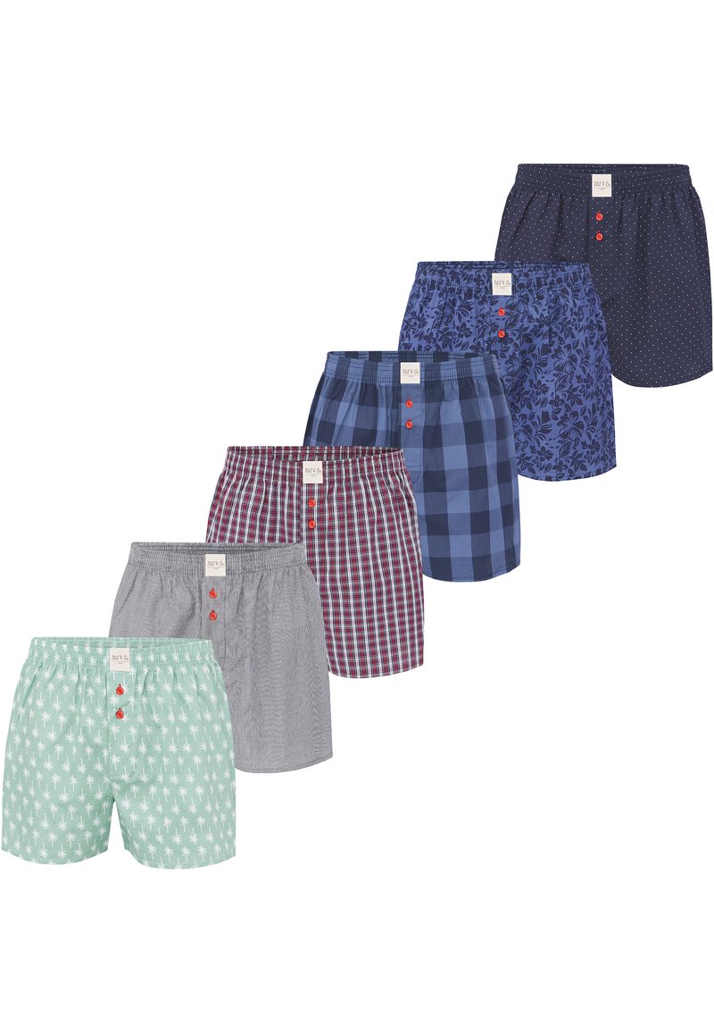 Boxers pour hommes dans divers motifs : vert clair avec des palmiers, rayé gris, tartan bourgogne, carreaux marine, floral et pois, avec des accents de boutons.