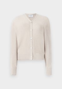 Cardigan de color beige claro, hecho de tela acanalada, con cuello en V, mangas largas y cierre delantero con cinco botones redondos.