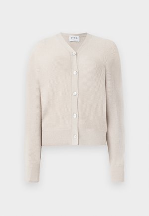 Cardigan beige clair en tissu côtelé, avec un décolleté en V, des manches longues et une fermeture à boutons sur le devant avec cinq boutons ronds.