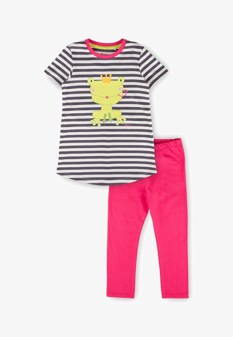 Haut rayé noir et blanc à manches courtes avec un motif grenouille jaune et couronne, associé à des leggings rose vif.