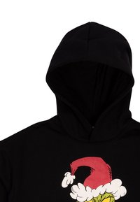 Felpa nera con cappuccio, caratterizzata da una grafica di Babbo Natale con un cappello rosso, occhi verdi e una morbida finitura bianca.