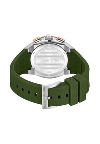Orologio Cerruti 1881 con cassa in acciaio inossidabile e cinturino in silicone verde. Caratterizzato da dettagli in oro rosa e un design resistente all'acqua.