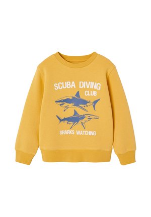 Yellow long-sleeve sweatshirt with blue shark illustrations and white text "Scuba Diving Club" and "Sharks Watching" on front.