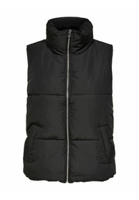 Smanicato imbottito nero senza maniche con colletto alto, zip frontale completa e due tasche laterali. Realizzato in materiale di nylon trapuntato.