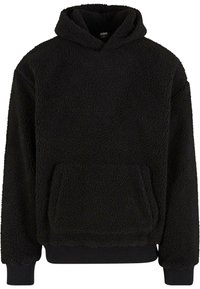 Hoodie en polaire noir avec une surface texturée et douce, présentant une poche avant et des poignets et un ourlet côtelés, conçu pour la chaleur et le confort.