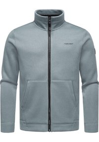 Grauer, Reißverschluss-Sweatshirt mit hohem Kragen, gerippter Textur, zwei Fronttaschen und schwarzem Reißverschluss-Details. Mit Logo auf der Brust.