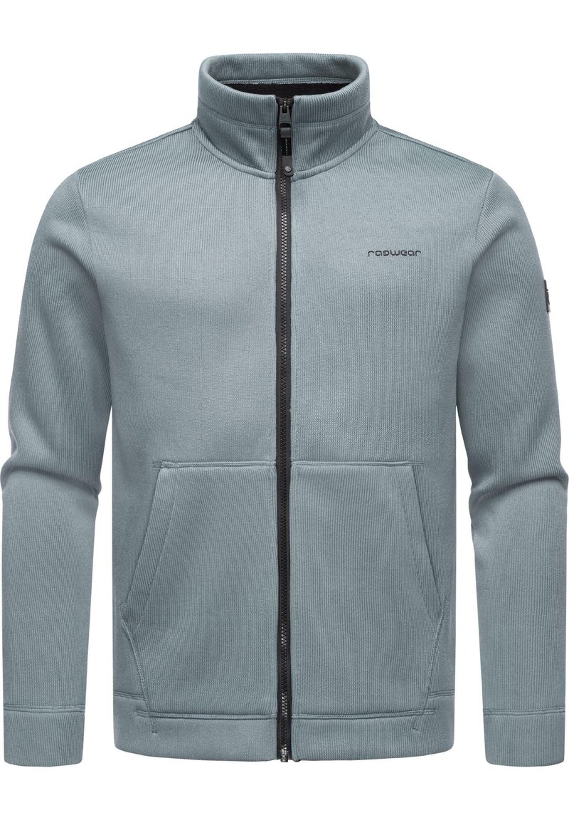 Grauer, Reißverschluss-Sweatshirt mit hohem Kragen, gerippter Textur, zwei Fronttaschen und schwarzem Reißverschluss-Details. Mit Logo auf der Brust.