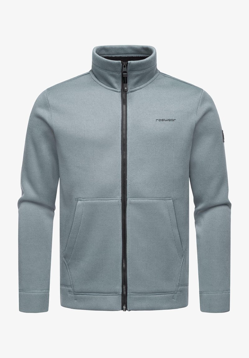 Grauer, Reißverschluss-Sweatshirt mit hohem Kragen, gerippter Textur, zwei Fronttaschen und schwarzem Reißverschluss-Details. Mit Logo auf der Brust.