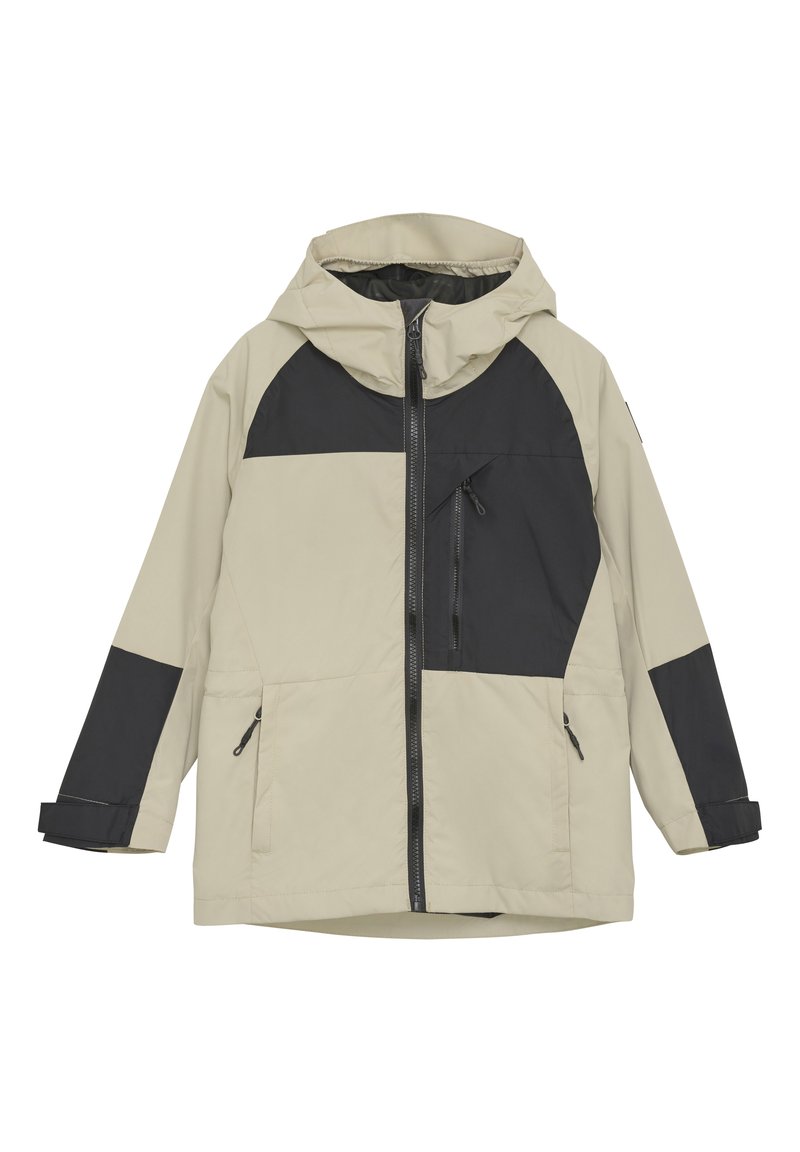 Giacca impermeabile beige e nera, con zip frontale, cappuccio e design a pannelli angolari con tasche laterali e polsini regolabili.