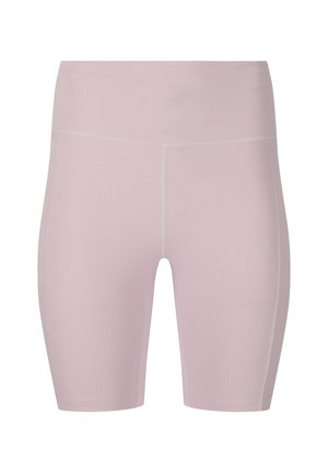 Lichtroze naadloze biker shorts met hoge taille, flatlock stiksels en lengte halverwege de dij op een witte achtergrond.