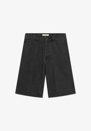 Black denim shorts with a relaxed fit, featuring a straight leg, five-pocket design, and subtle stitching details.