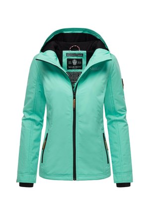 Giacca verde menta con zip frontale, colletto alto, fodera nera e due tasche con zip. Presenta polsini elasticizzati e un logo sul petto.