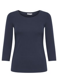 Tricou cu mânecă lungă de culoare bleumarin, confecționat dintr-un material moale, având un guler rotund și un design ajustat. Textură netedă, fără modele sau accente vizibile.