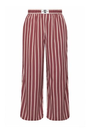 Szerokie spodnie z pionowymi paskami w kolorze bordowym i białym, z elastycznym paskiem w talii oraz etykietą "LTD" na środku przedniego pasa.