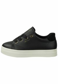 Black leather sneaker with round toe, flat white rubber sole, gold eyelets, and black laces. Features GANT logo on the side.
