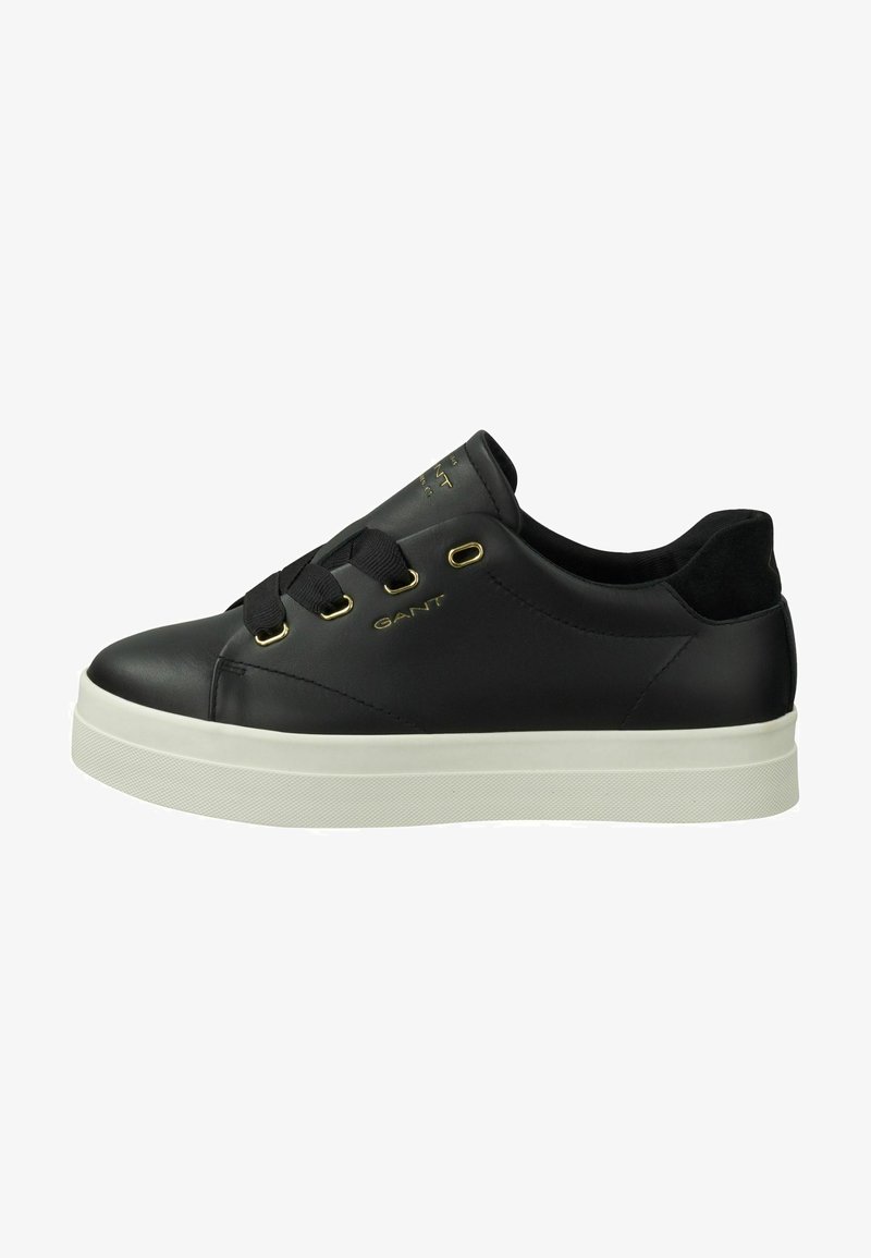 Black leather sneaker with round toe, flat white rubber sole, gold eyelets, and black laces. Features GANT logo on the side.
