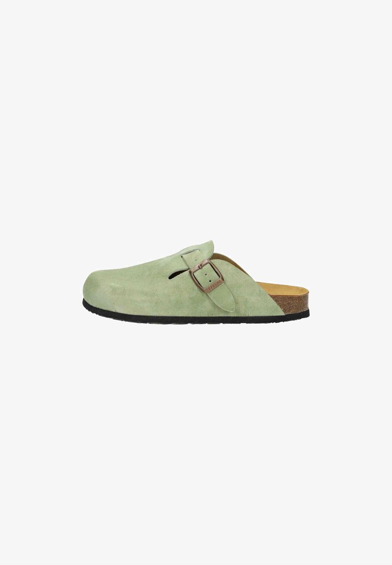 Suede slip-on clogs in light green with a single adjustable buckle and cutout detail. Cork footbed and black rubber outsole.