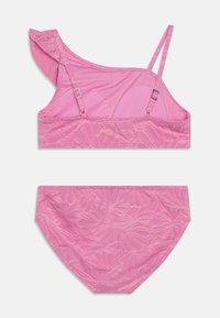 Pink bikini set featuring a one-shoulder top with winged detail and adjustable straps, paired with matching bottom. Floral pattern throughout.