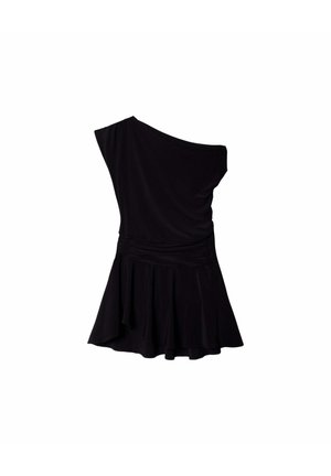 Vestido negro de un solo hombro con cintura ajustada y falda acampanada, exhibido sobre un fondo blanco liso.