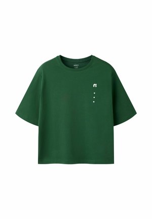 Dark green short-sleeve cropped T-shirt with round neckline and small white logo and vertical dot design on left chest.