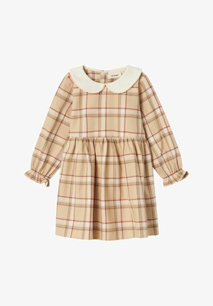 Robe longue beige à carreaux avec taille froncée et col rond blanc avec finition en dentelle pour enfant.