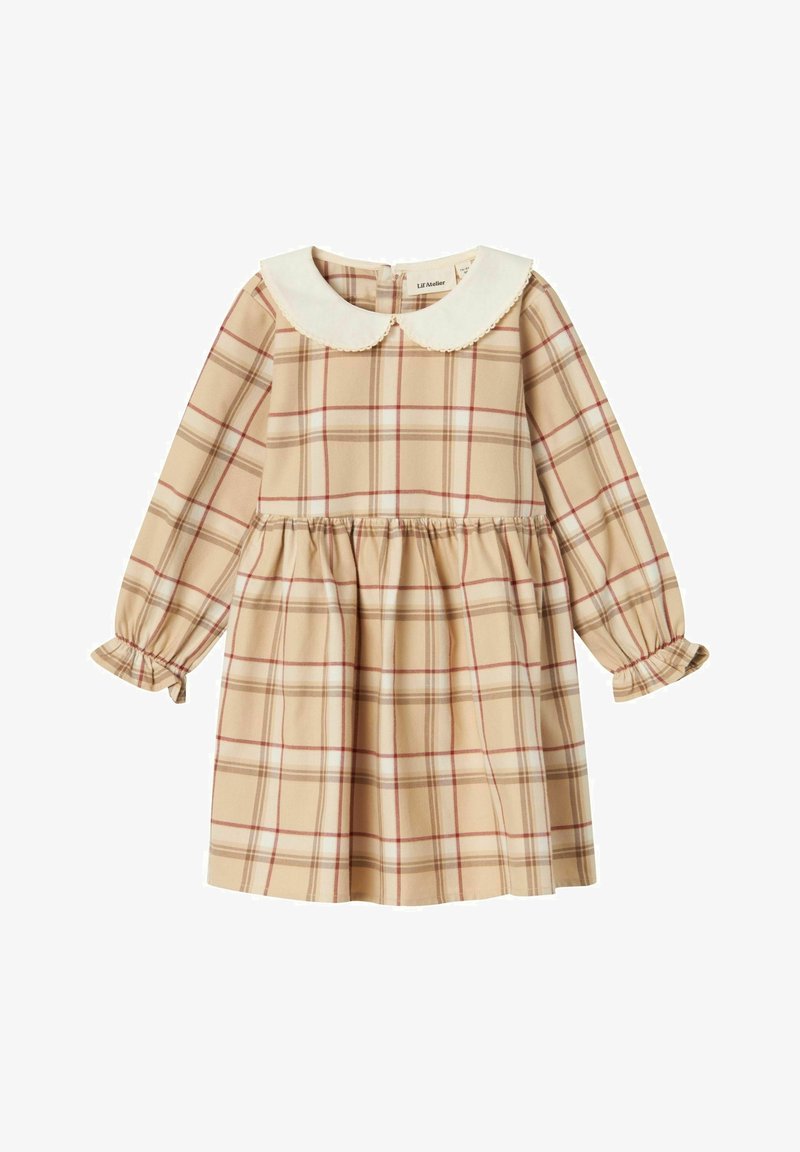 Robe longue beige à carreaux avec taille froncée et col rond blanc avec finition en dentelle pour enfant.