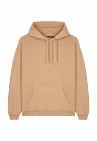 Felpa con cappuccio beige, in misto cotone, con tasca a kangaroo, polsini e orlo a coste, cappuccio regolabile con cordino, design minimalista con etichetta interna.