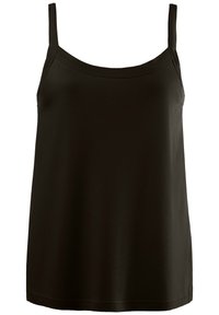Černý top bez rukávů s tenkými ramínky, vyrobený z měkkého jersey materiálu. Má kulatý výstřih a volný střih, končící těsně nad boky.