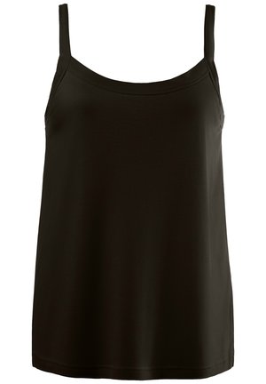 Top nera senza maniche con spalline sottili, realizzata in morbido tessuto jersey. Presenta un collo a giro e una vestibilità ampia, che termina leggermente sopra i fianchi.