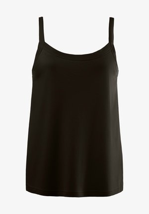 Camiseta sin mangas negra con tirantes finos, hecha de una suave tela de jersey. Presenta un escote redondeado y un corte relajado, terminando justo por encima de las caderas.