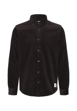 Svart kordflorsskjorta med knapp-ner krage, långa ärmar, vertikal ribbad textur och en liten logotypetikett vid nederkanten.