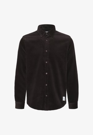 Camicia in corduroy nera con colletto button-down, maniche lunghe, texture a righe verticali e una piccola etichetta con logo nella parte inferiore dell'orlo.